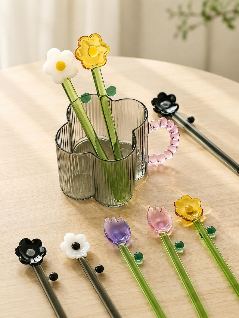Handmade Glass Flower Stirrer, Cute Floral Glass Spoon, Daisy Tulip Drink Mixer, Coffee Cocktail Stir Stick, Gift for Her