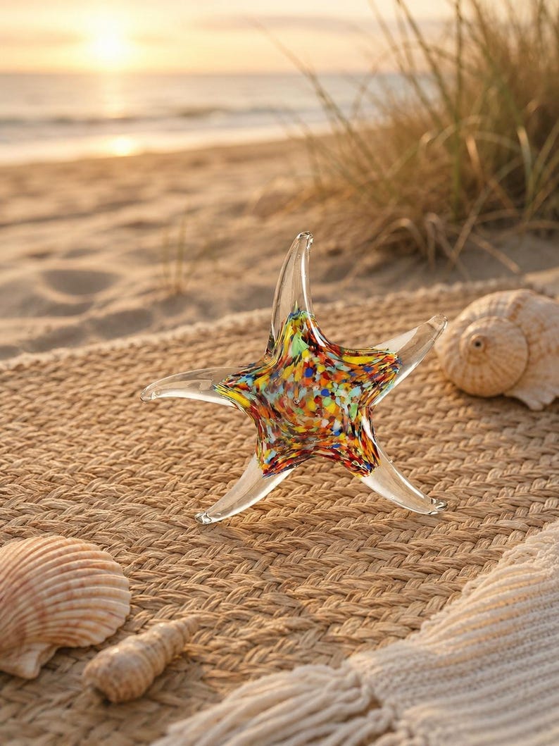 Handmade Glass Starfish Sculpture, Colorful Murano Style Sea Star Decor, Coastal Home Decor, Ocean Lover Gift, Beach House Decoration