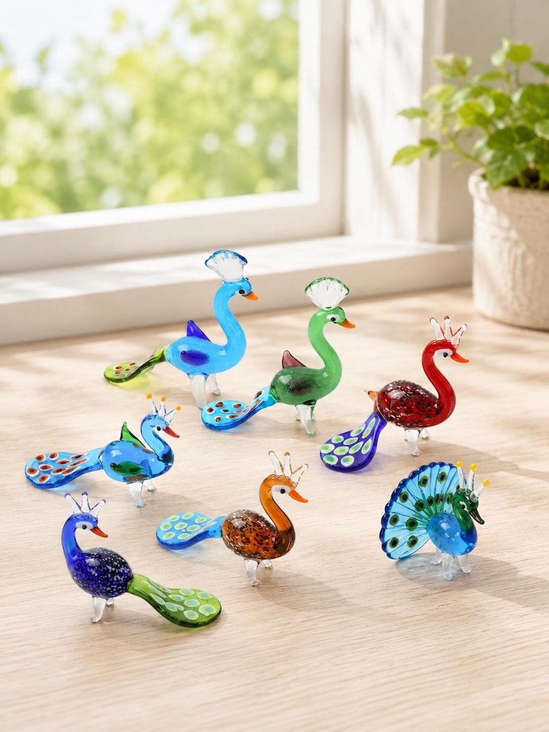 Handmade Glass Peacock Figurine, Mini Blown Glass Bird Sculpture, Colorful Animal Collectible, Desk Shelf Decor, Bird Lover Gift