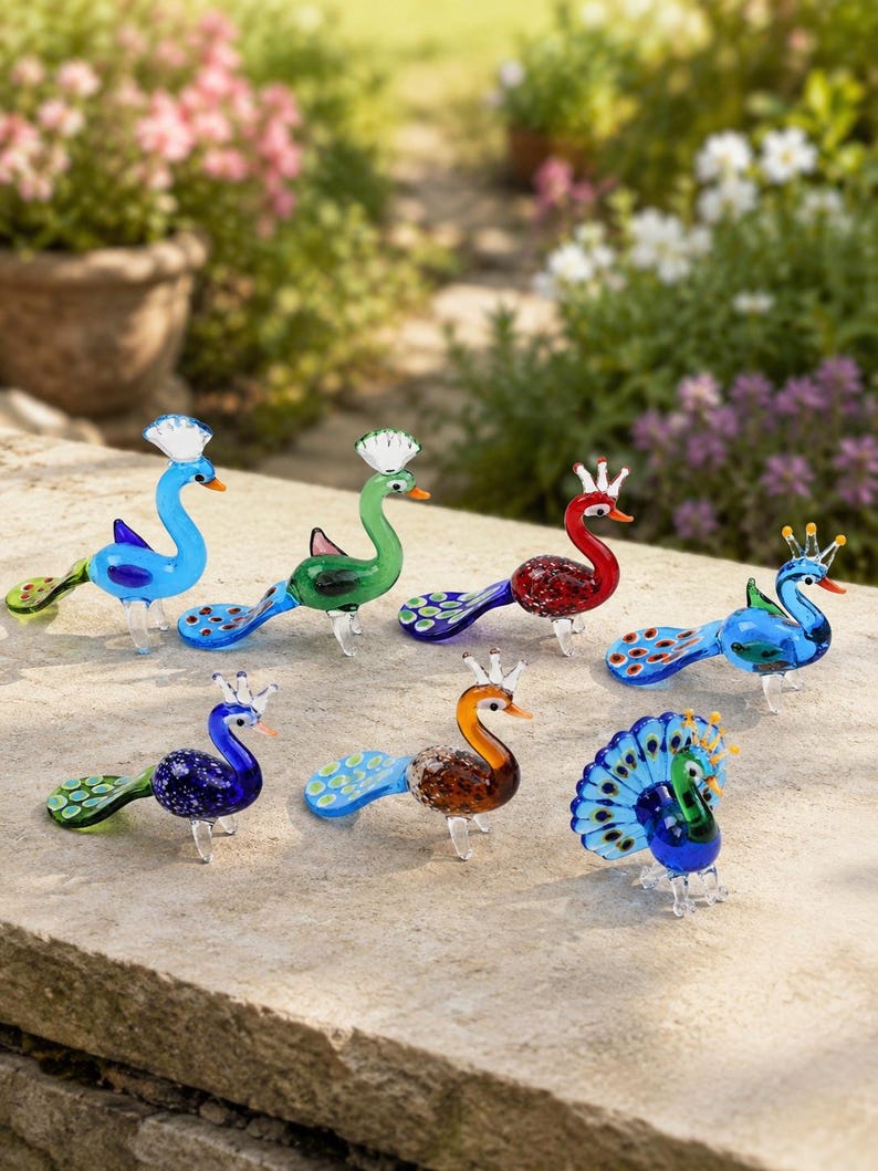 Handmade Glass Peacock Figurine, Mini Blown Glass Bird Sculpture, Colorful Animal Collectible, Desk Shelf Decor, Bird Lover Gift