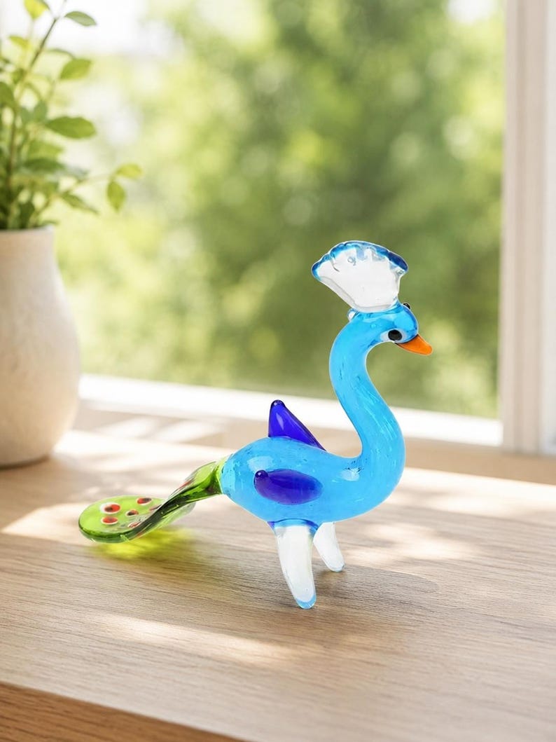 Handmade Glass Peacock Figurine, Mini Blown Glass Bird Sculpture, Colorful Animal Collectible, Desk Shelf Decor, Bird Lover Gift