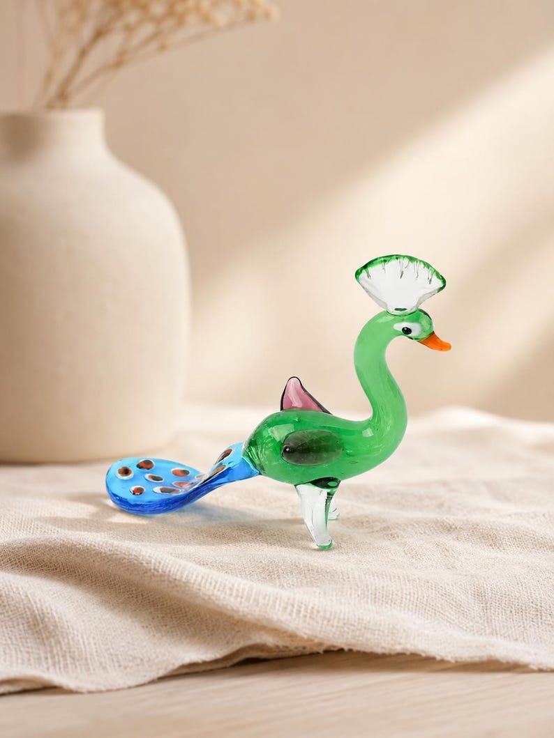 Handmade Glass Peacock Figurine, Mini Blown Glass Bird Sculpture, Colorful Animal Collectible, Desk Shelf Decor, Bird Lover Gift