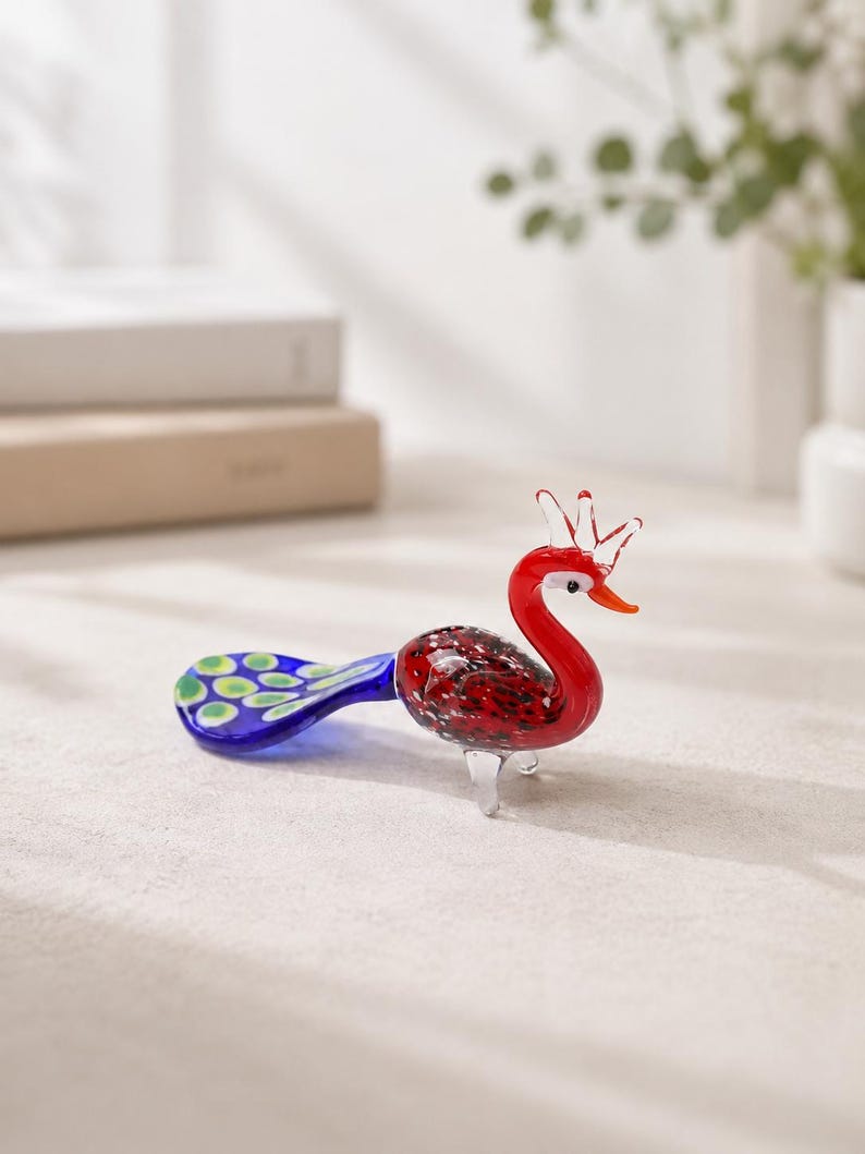 Handmade Glass Peacock Figurine, Mini Blown Glass Bird Sculpture, Colorful Animal Collectible, Desk Shelf Decor, Bird Lover Gift
