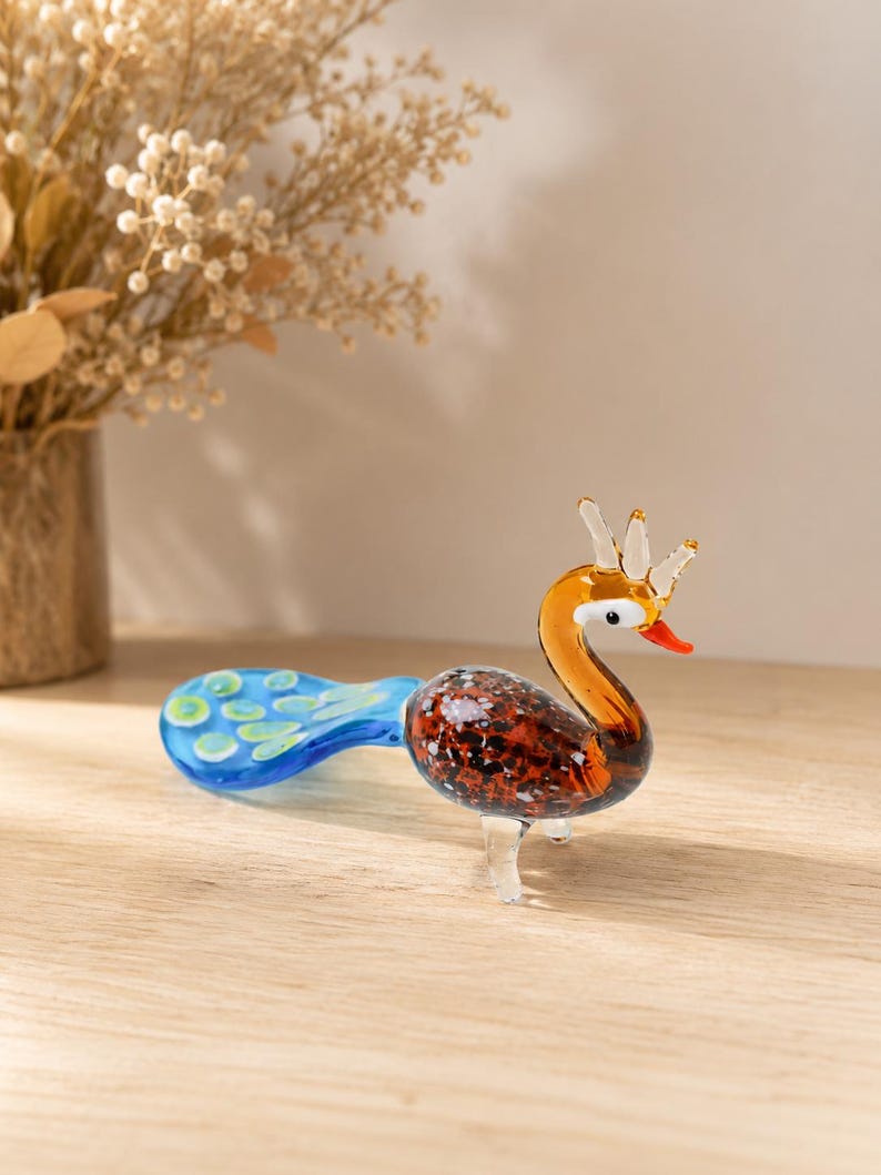 Handmade Glass Peacock Figurine, Mini Blown Glass Bird Sculpture, Colorful Animal Collectible, Desk Shelf Decor, Bird Lover Gift