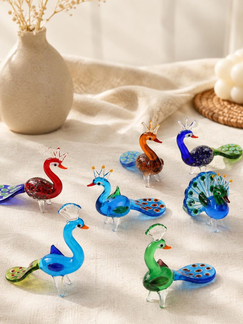 Handmade Glass Peacock Figurine, Mini Blown Glass Bird Sculpture, Colorful Animal Collectible, Desk Shelf Decor, Bird Lover Gift