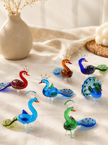 Handmade Glass Peacock Figurine, Mini Blown Glass Bird Sculpture, Colorful Animal Collectible, Desk Shelf Decor, Bird Lover Gift