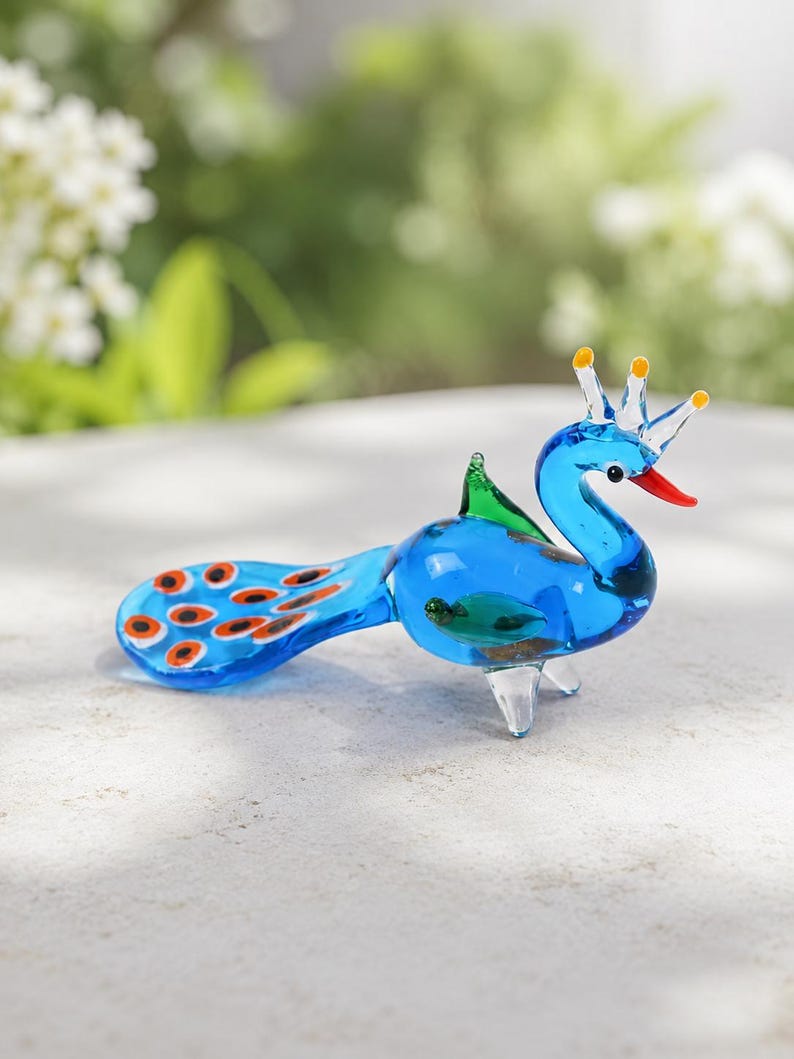 Handmade Glass Peacock Figurine, Mini Blown Glass Bird Sculpture, Colorful Animal Collectible, Desk Shelf Decor, Bird Lover Gift