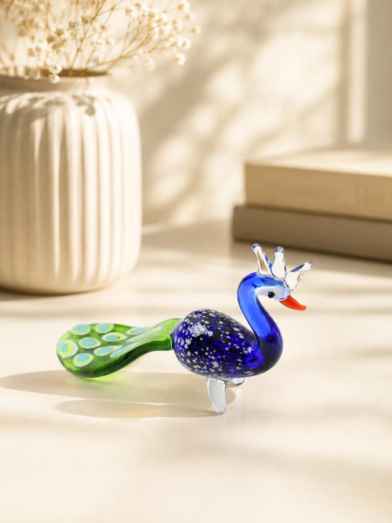 Handmade Glass Peacock Figurine, Mini Blown Glass Bird Sculpture, Colorful Animal Collectible, Desk Shelf Decor, Bird Lover Gift