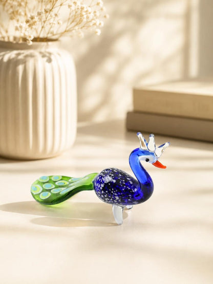 Handmade Glass Peacock Figurine, Mini Blown Glass Bird Sculpture, Colorful Animal Collectible, Desk Shelf Decor, Bird Lover Gift