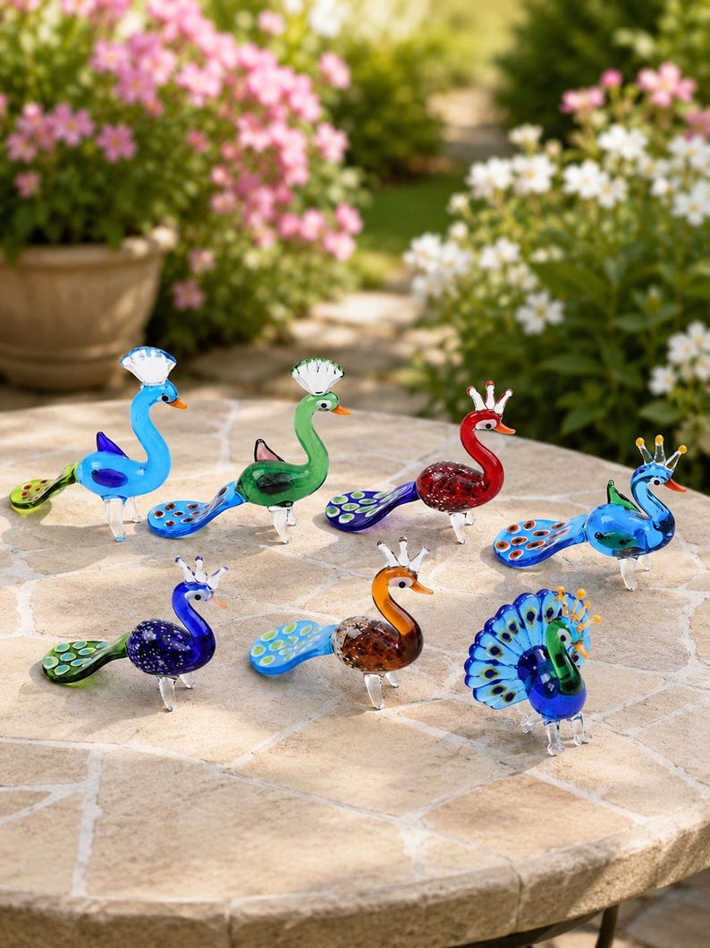 Handmade Glass Peacock Figurine, Mini Blown Glass Bird Sculpture, Colorful Animal Collectible, Desk Shelf Decor, Bird Lover Gift