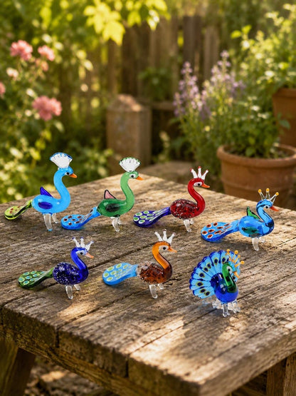 Handmade Glass Peacock Figurine, Mini Blown Glass Bird Sculpture, Colorful Animal Collectible, Desk Shelf Decor, Bird Lover Gift