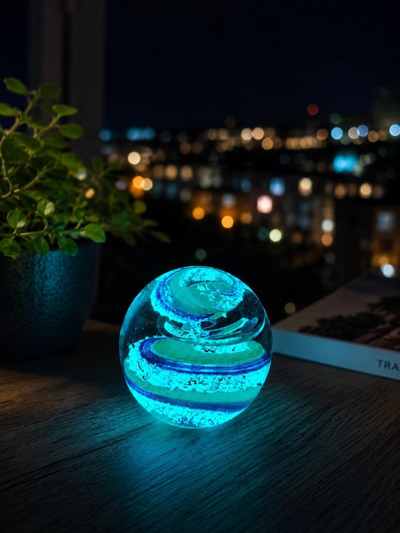 Glow in the Dark Glass Paperweight, Blue Ocean Wave Glass Orb, Luminous Crystal Ball Desk Decor, Unique Ocean Lover Gift