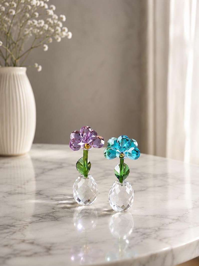 Mini Crystal Flower Figurine, Colorful Glass Floral Ornament, Faceted Flower Sculpture, Desk Shelf Decor, Birthday Gift