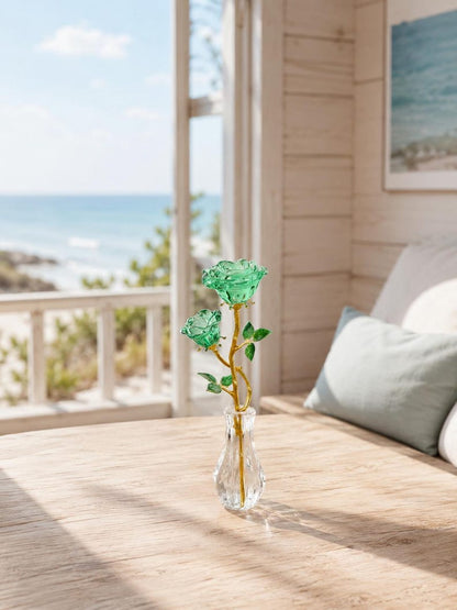 Handmade Glass Rose Flower in Vase, Colorful Crystal Floral Figurine, Romantic Home Decor, Anniversary Birthday Gift