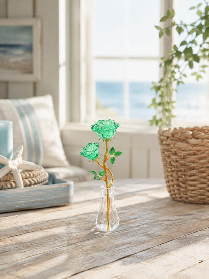 Handmade Glass Rose Flower in Vase, Colorful Crystal Floral Figurine, Romantic Home Decor, Anniversary Birthday Gift